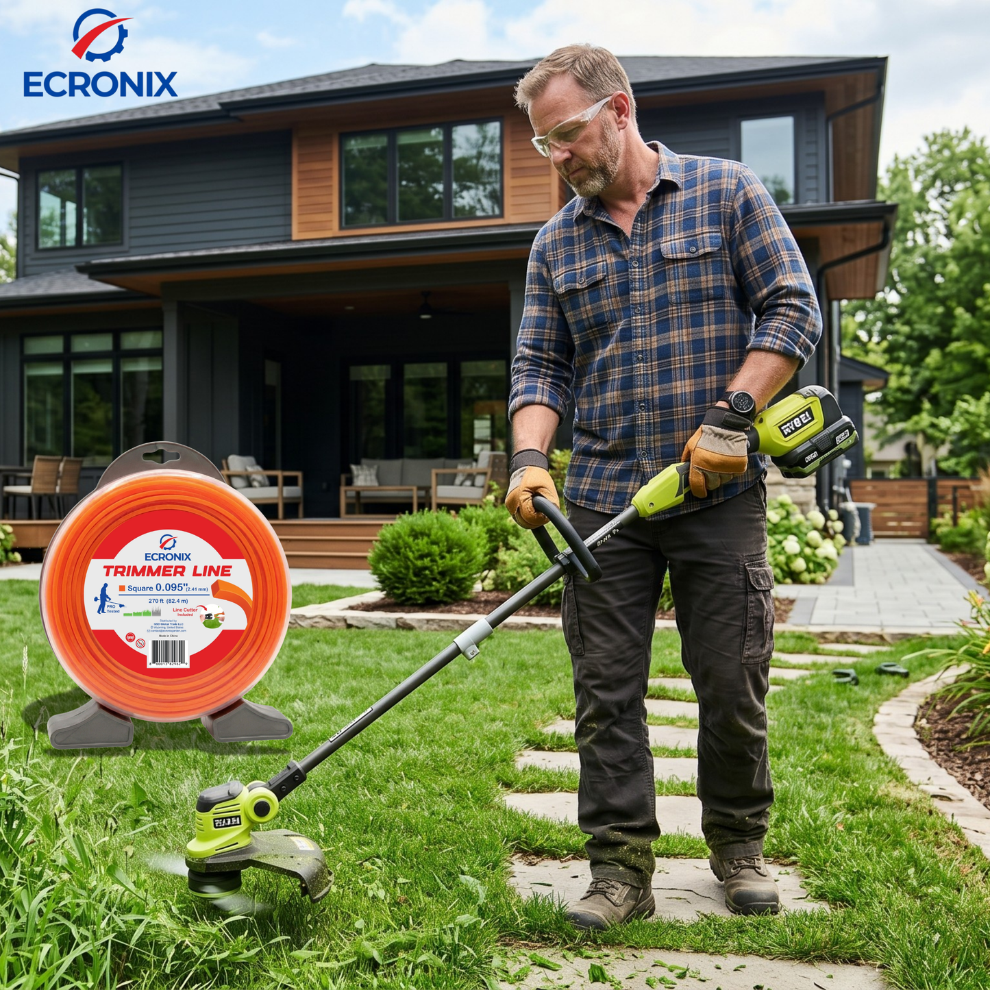 Ecronix .080" Square Trimmer Line – 389 ft, 1 lb Spool | Sharp-Cut for Home & Cordless Trimmers