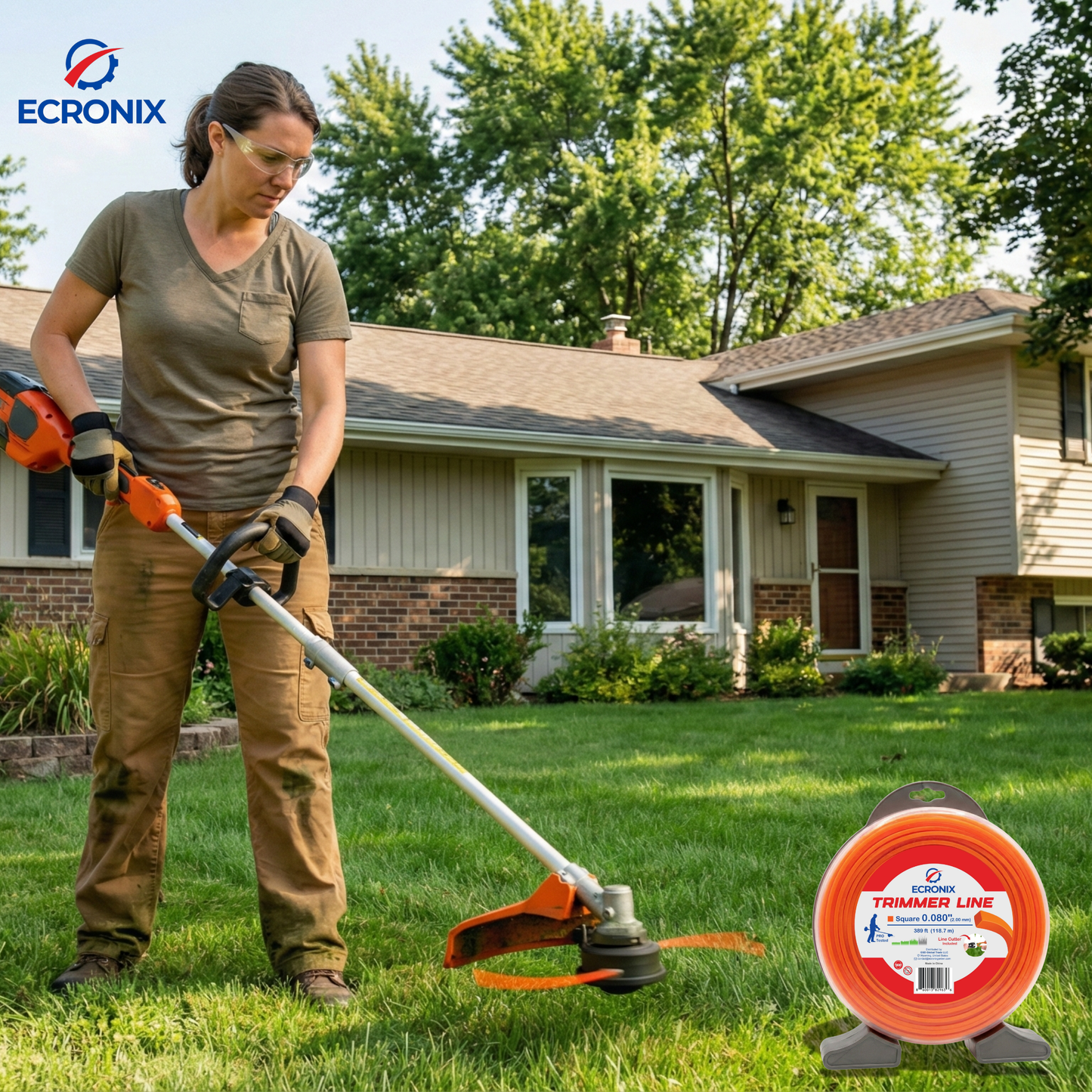 Ecronix .080" Square Trimmer Line – 389 ft, 1 lb Spool | Sharp-Cut for Home & Cordless Trimmers