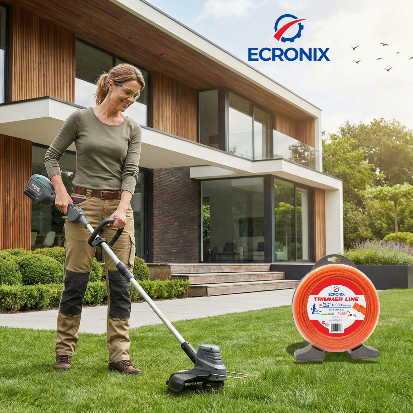 Ecronix .080" Square Twist Trimmer Line 521 ft – Nylon Weed Eater String, 1 lb Spool