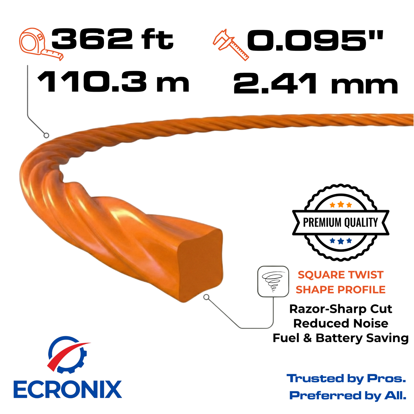 Ecronix .095" Square Twist Trimmer Line 362 ft – Nylon Weed Eater String, 1 lb Spool