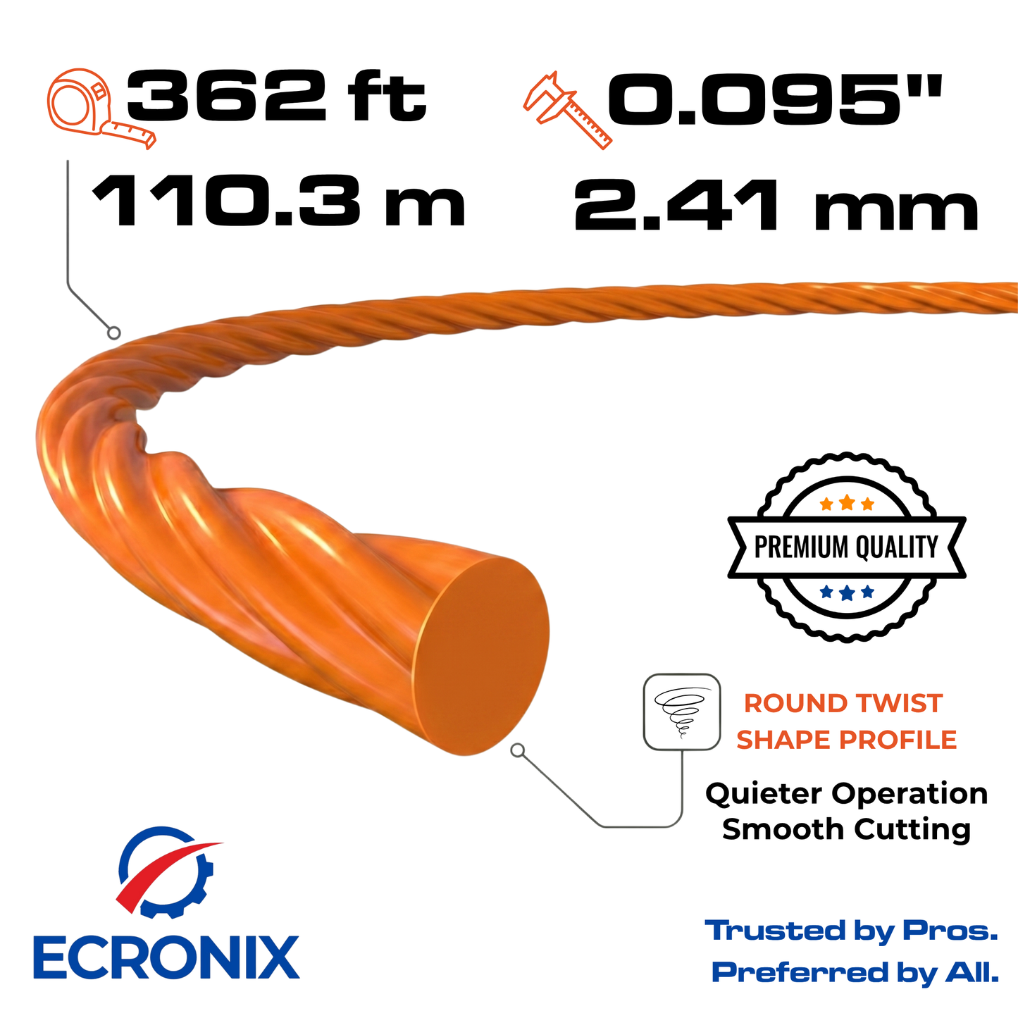 Ecronix .095" Round Twist Trimmer Line 362 ft – Nylon Weed Eater String, 1 lb Spool