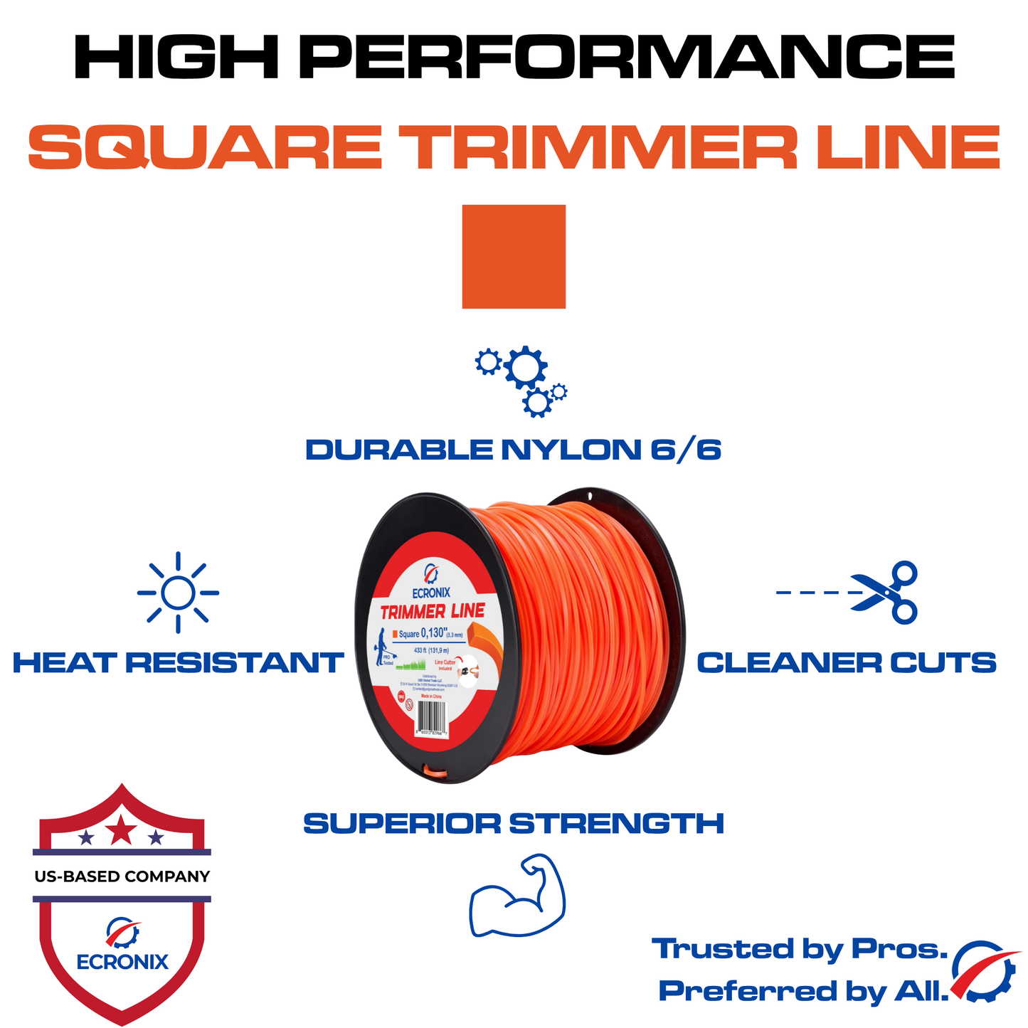 Ecronix .095" Square Trimmer Line 1364 ft – Nylon Weed Eater String, 5 lb Spool