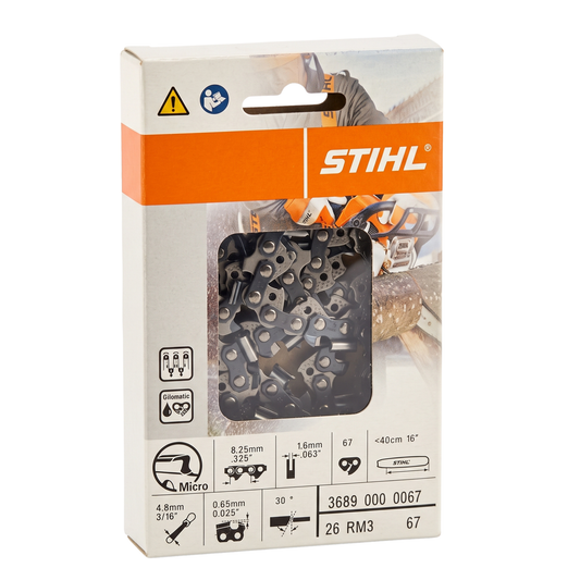 Genuine STIHL 26 RM3 67 Chainsaw Chain | 16" Bar, .325" Pitch, .063" Gauge, 67 DL | OEM Part 3689 000 0067