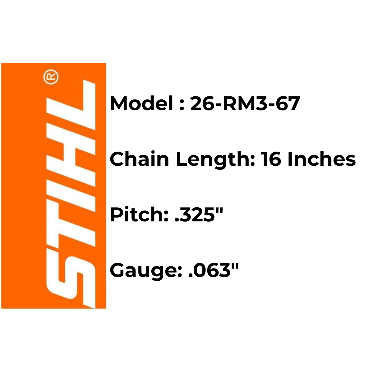 Genuine STIHL 26 RM3 67 Chainsaw Chain | 16" Bar, .325" Pitch, .063" Gauge, 67 DL | OEM Part 3689 000 0067