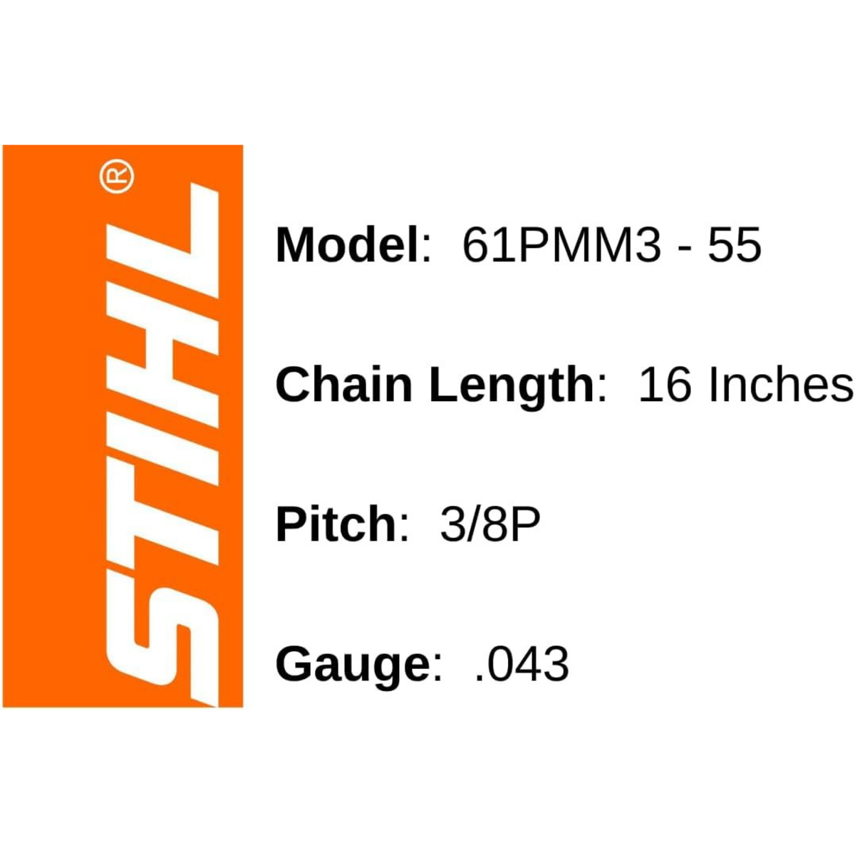 Genuine STIHL 16" Chainsaw Chain 61 PMM3 55 - 3/8" Low Profile Pitch, .043" Gauge, 55 Drive Links (OEM)