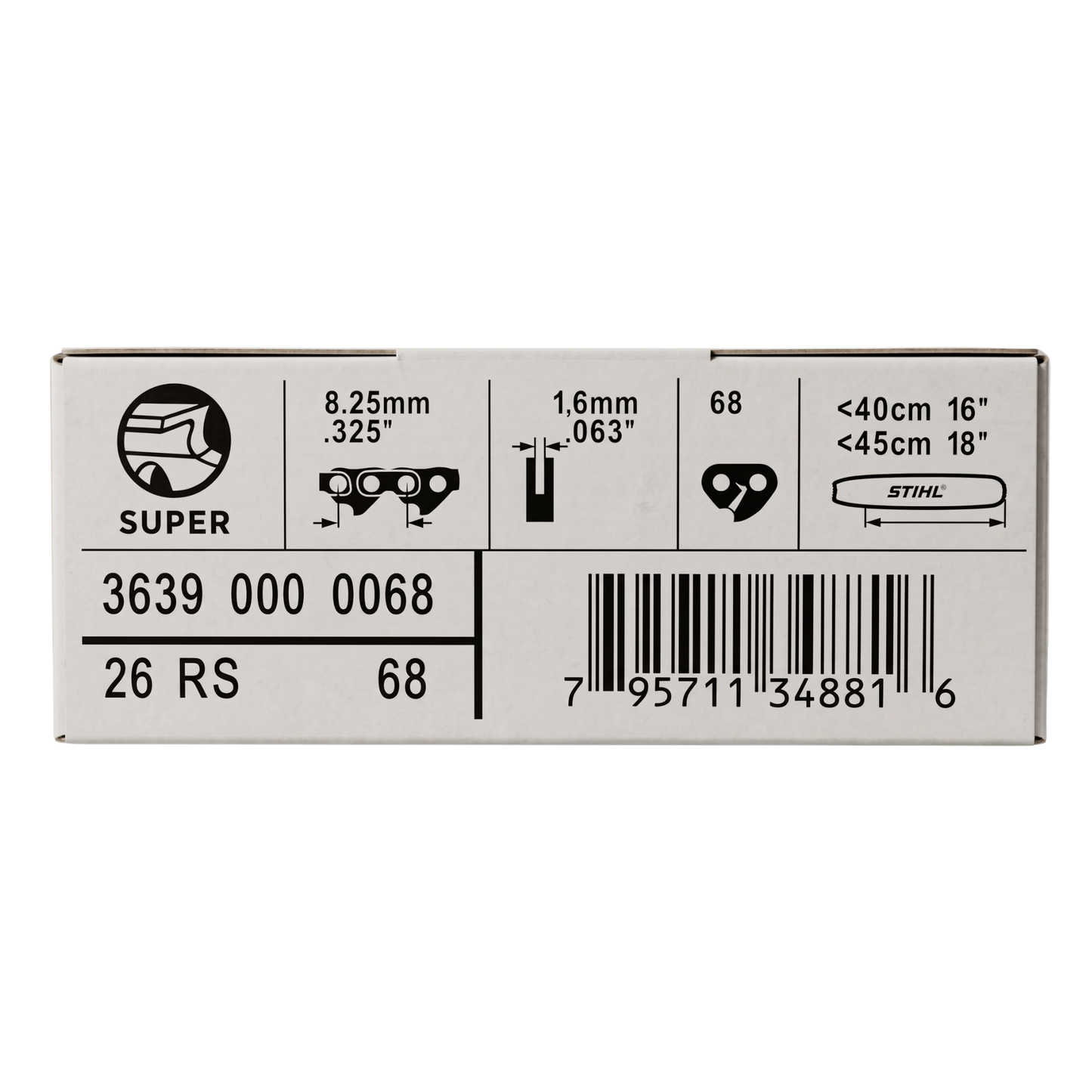 Genuine STIHL 18" Chainsaw Chain 26 RS 68 - .325" Pitch, .063" Gauge, 68 Drive Links (OEM)