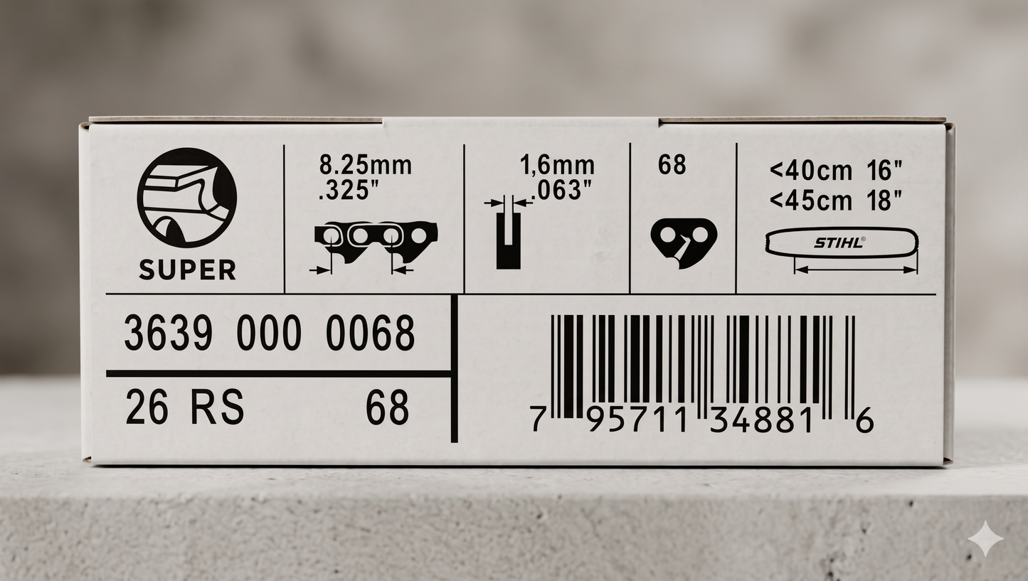 Genuine STIHL 18" Chainsaw Chain 26 RS 68 - .325" Pitch, .063" Gauge, 68 Drive Links (OEM)