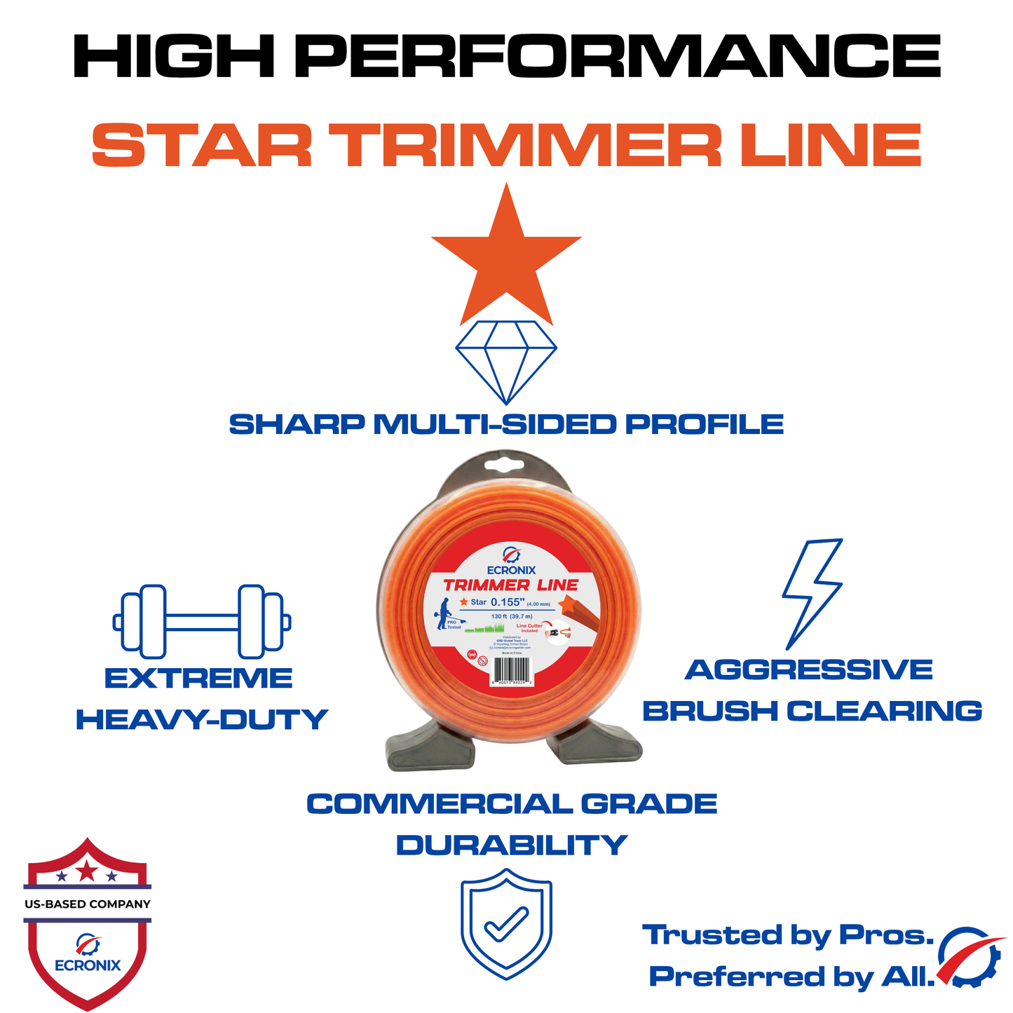 Ecronix .155" Star Trimmer Line 130 ft – Heavy-Duty Weed Eater String, 1 lb Spool