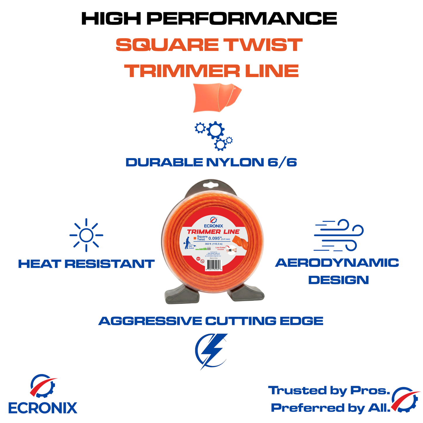 Ecronix .080" Square Twist Trimmer Line 521 ft – Nylon Weed Eater String, 1 lb Spool